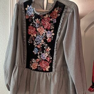 Savanna Jane Gray Blouse with Floral Embroidery